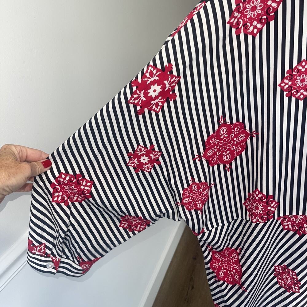 Chicos Sz 3 XL Black White Stripe Button Up Shirt Tunic Blouse Classic Rose Red - Picture 6 of 11